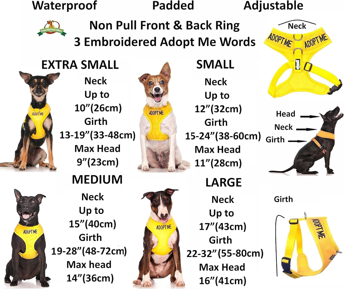 Limited Adopt ME Yellow Color Coded Non-Pull Front and Back D Ring Padded and Waterproof Vest Dog Harness Donate to Your Local Charity (XS)