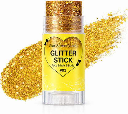 Gold Hair Glitter Stick for Women Teens, Yellow Body Face Glitter Makeup for Singer Concerts Music Festivals Rave Mardi Gras Carnival Accessories,Waterproof Chunky Sequins Shimmer Face Paint