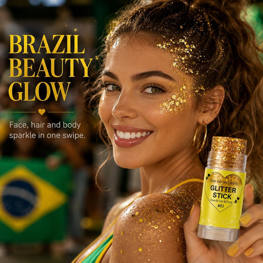 Gold Hair Glitter Stick for Women Teens, Yellow Body Face Glitter Makeup for Singer Concerts Music Festivals Rave Mardi Gras Carnival Accessories,Waterproof Chunky Sequins Shimmer Face Paint
