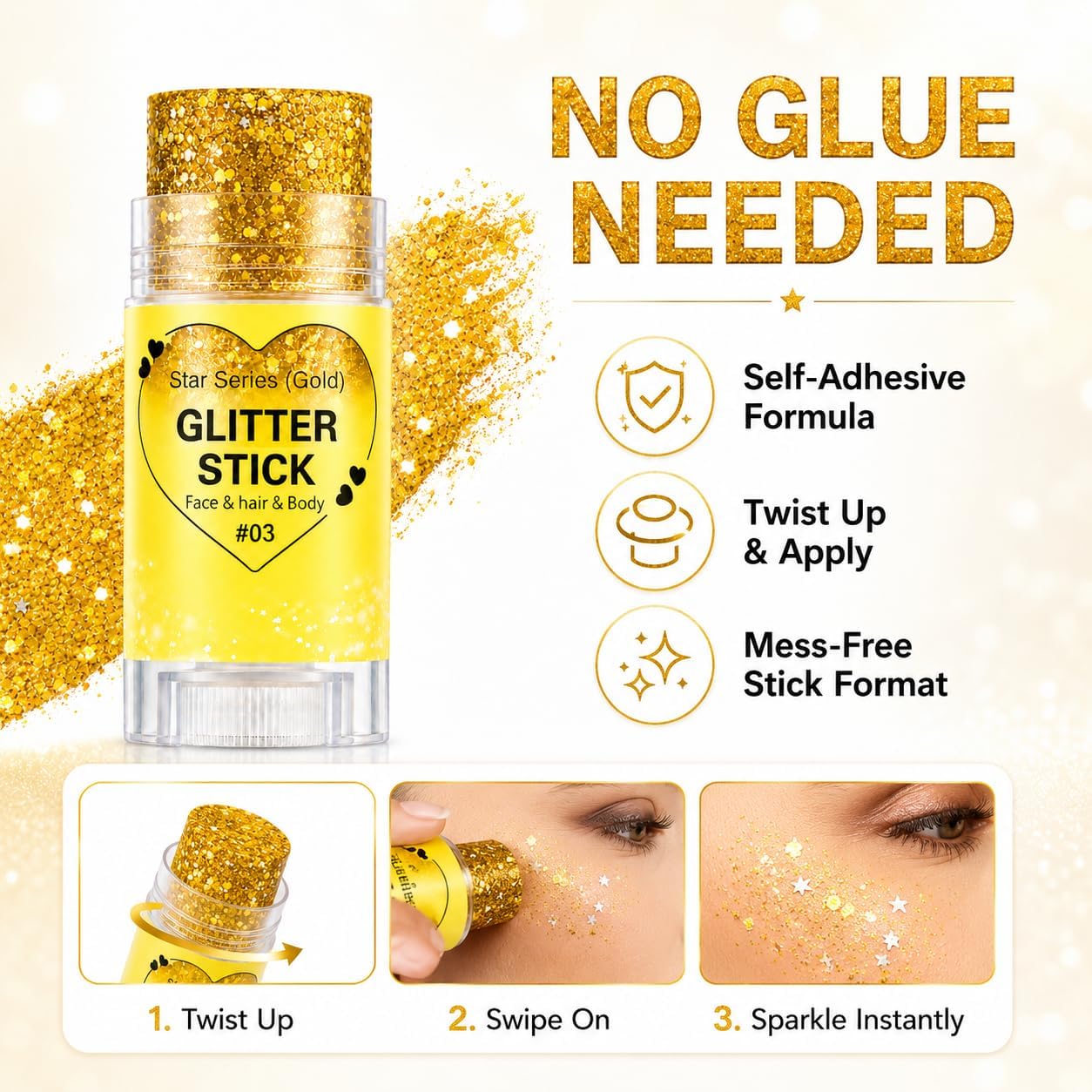 Gold Hair Glitter Stick for Women Teens, Yellow Body Face Glitter Makeup for Singer Concerts Music Festivals Rave Mardi Gras Carnival Accessories,Waterproof Chunky Sequins Shimmer Face Paint