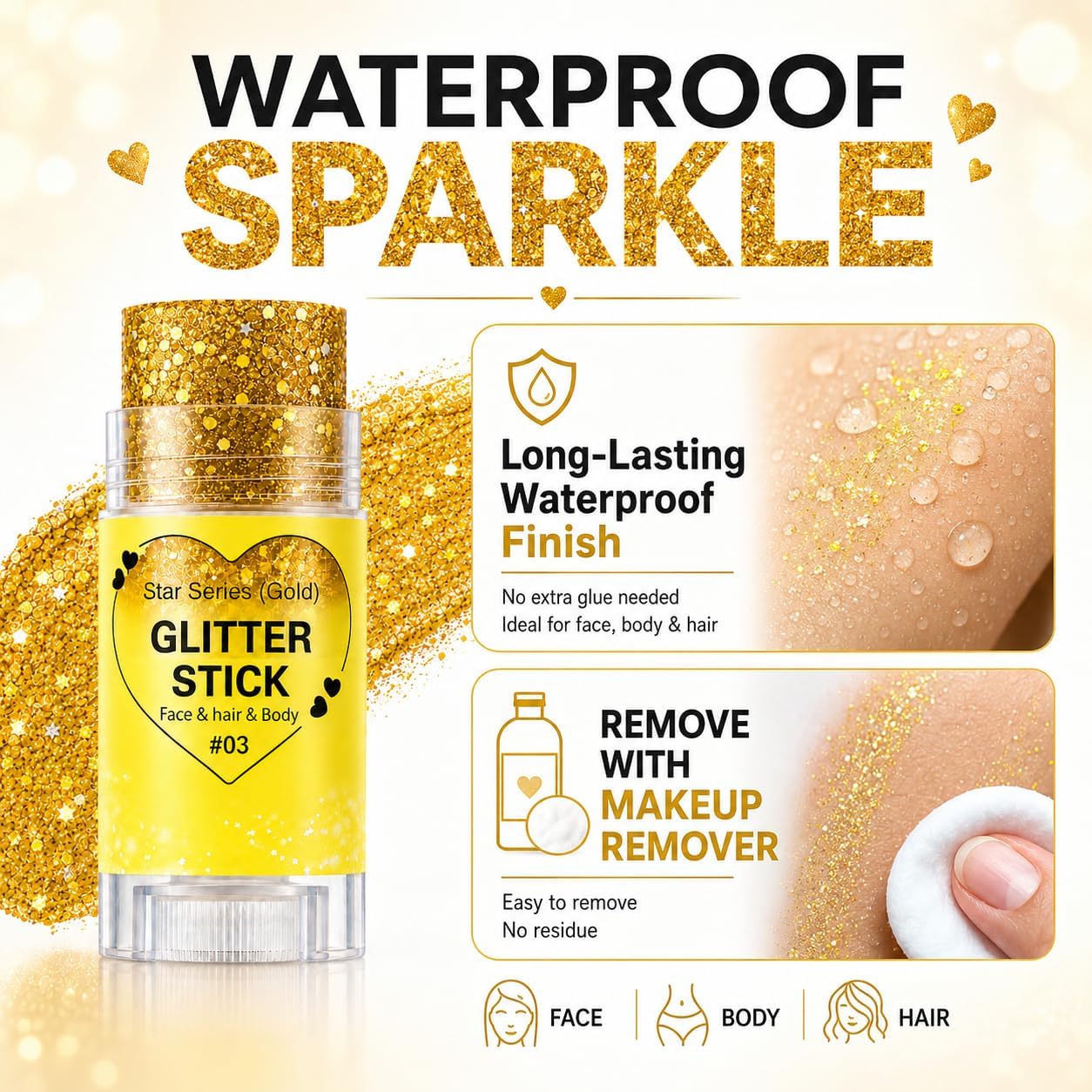 Gold Hair Glitter Stick for Women Teens, Yellow Body Face Glitter Makeup for Singer Concerts Music Festivals Rave Mardi Gras Carnival Accessories,Waterproof Chunky Sequins Shimmer Face Paint
