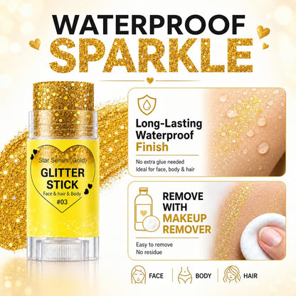 Gold Hair Glitter Stick for Women Teens, Yellow Body Face Glitter Makeup for Singer Concerts Music Festivals Rave Mardi Gras Carnival Accessories,Waterproof Chunky Sequins Shimmer Face Paint