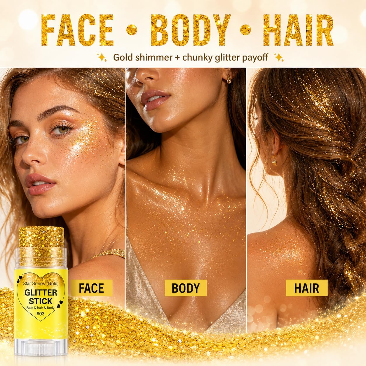 Gold Hair Glitter Stick for Women Teens, Yellow Body Face Glitter Makeup for Singer Concerts Music Festivals Rave Mardi Gras Carnival Accessories,Waterproof Chunky Sequins Shimmer Face Paint