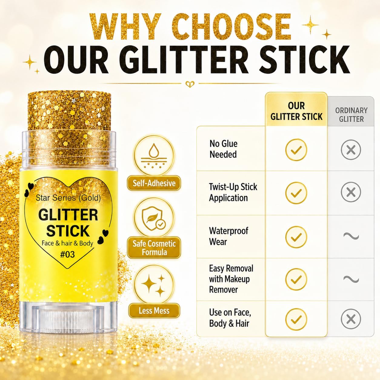 Gold Hair Glitter Stick for Women Teens, Yellow Body Face Glitter Makeup for Singer Concerts Music Festivals Rave Mardi Gras Carnival Accessories,Waterproof Chunky Sequins Shimmer Face Paint