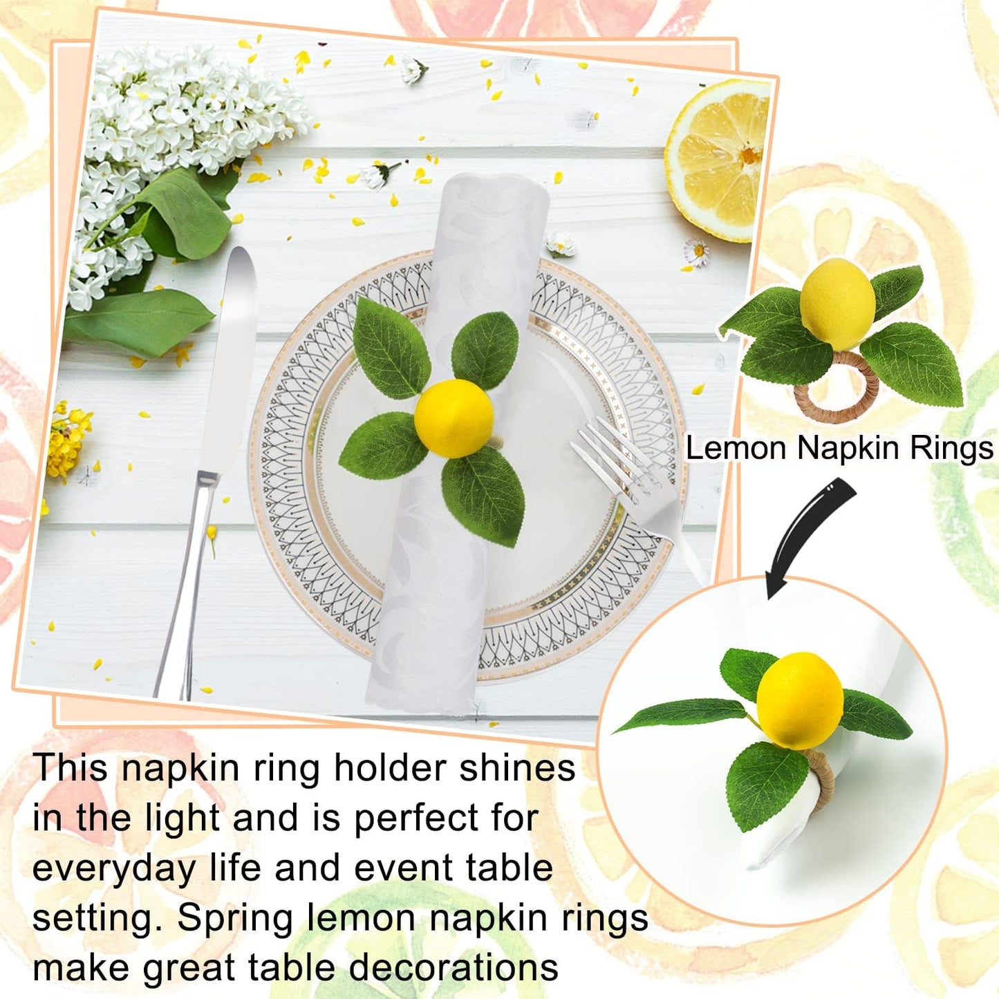 Lemon Napkin Rings Set of 12, Faux Lemon Summer Farmhouse Napkin Ring Holder for Dining Table Decor Banquet Wedding Birthday Thanksgiving Christmas Easter Holiday Table Decorations