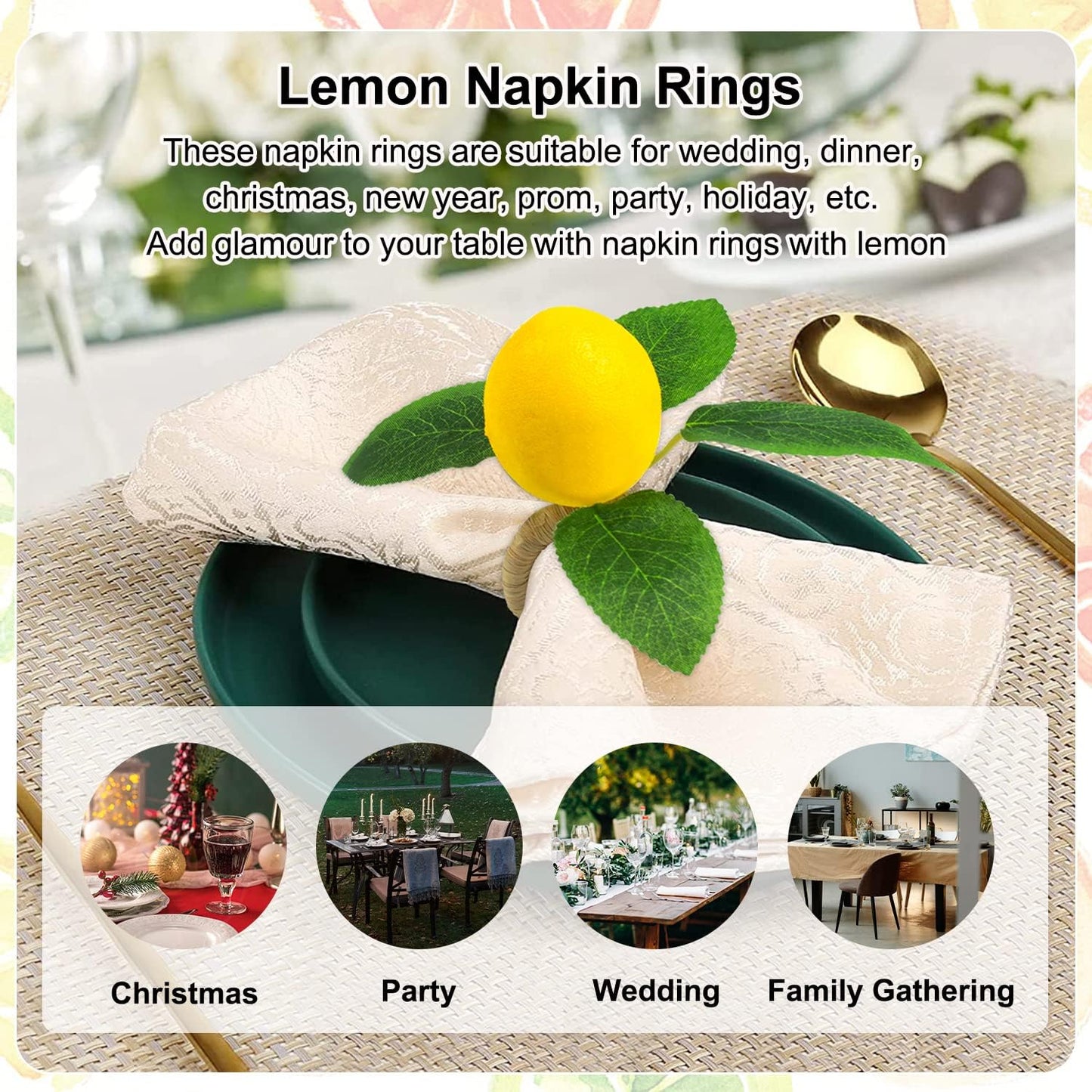 Lemon Napkin Rings Set of 12, Faux Lemon Summer Farmhouse Napkin Ring Holder for Dining Table Decor Banquet Wedding Birthday Thanksgiving Christmas Easter Holiday Table Decorations