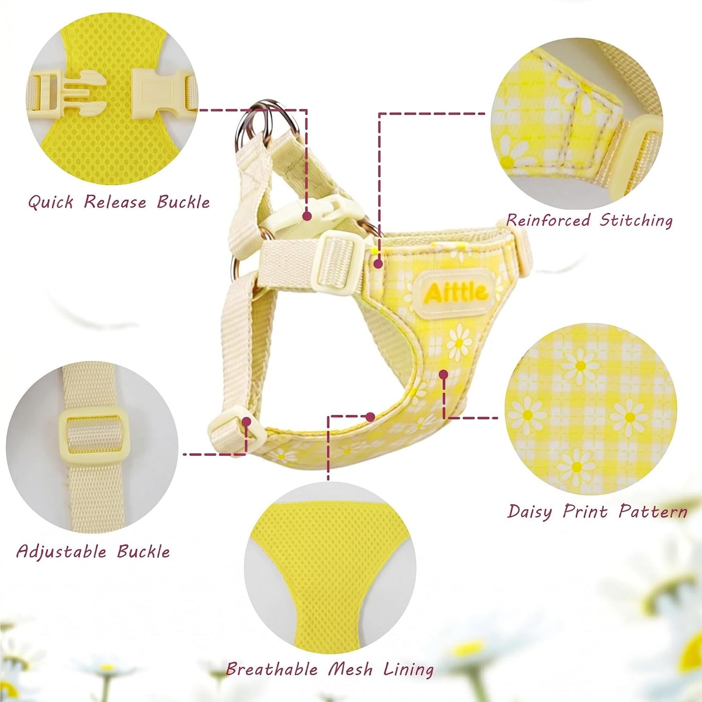Small Dog Harness and Leash Set No-Pull Adjustable Vest, Yellow XS | Step-in Design, Breathable Soft Daisy Pattern Puppy Harness, Reflective, Leash Included, for Small-Medium Dogs