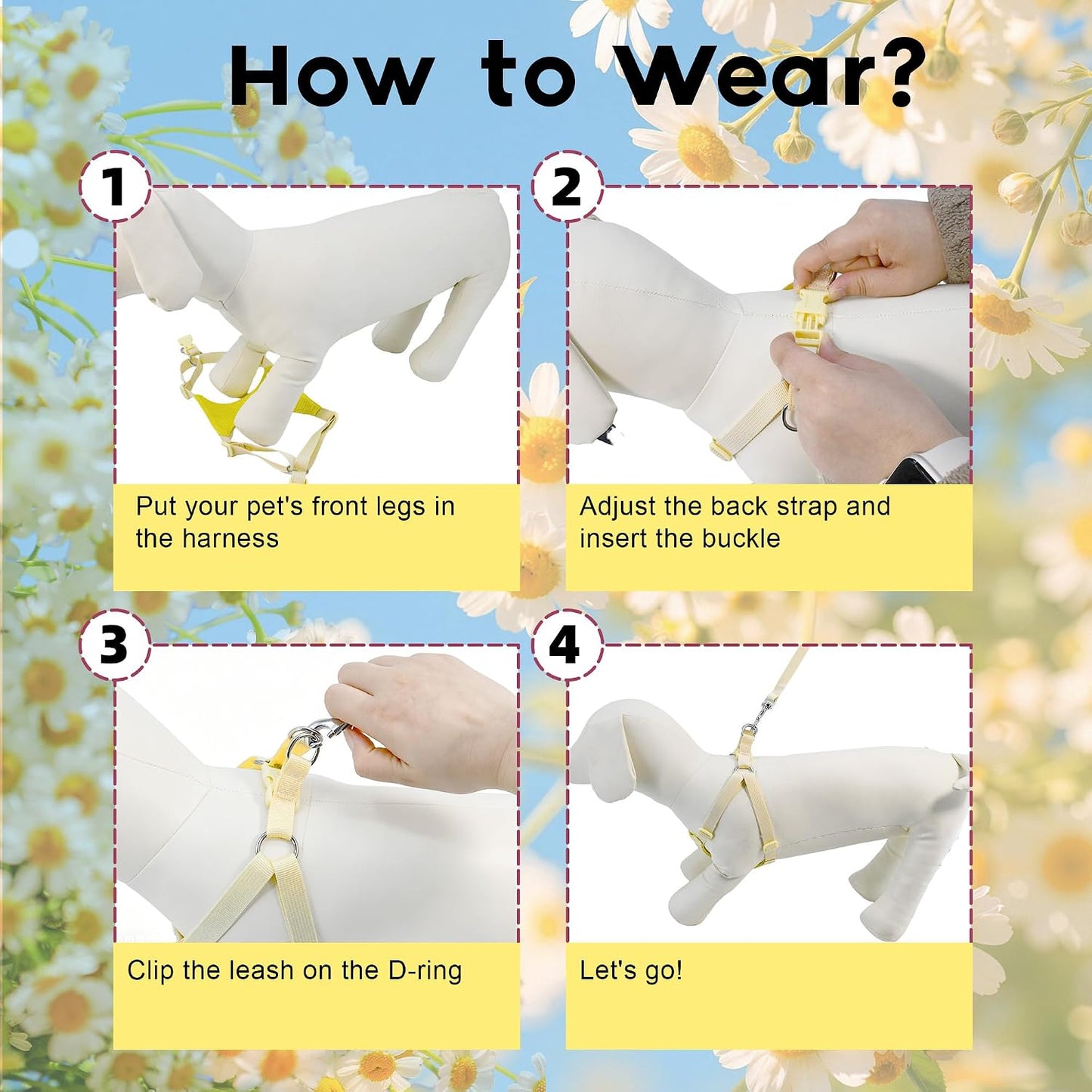 Small Dog Harness and Leash Set No-Pull Adjustable Vest, Yellow XS | Step-in Design, Breathable Soft Daisy Pattern Puppy Harness, Reflective, Leash Included, for Small-Medium Dogs