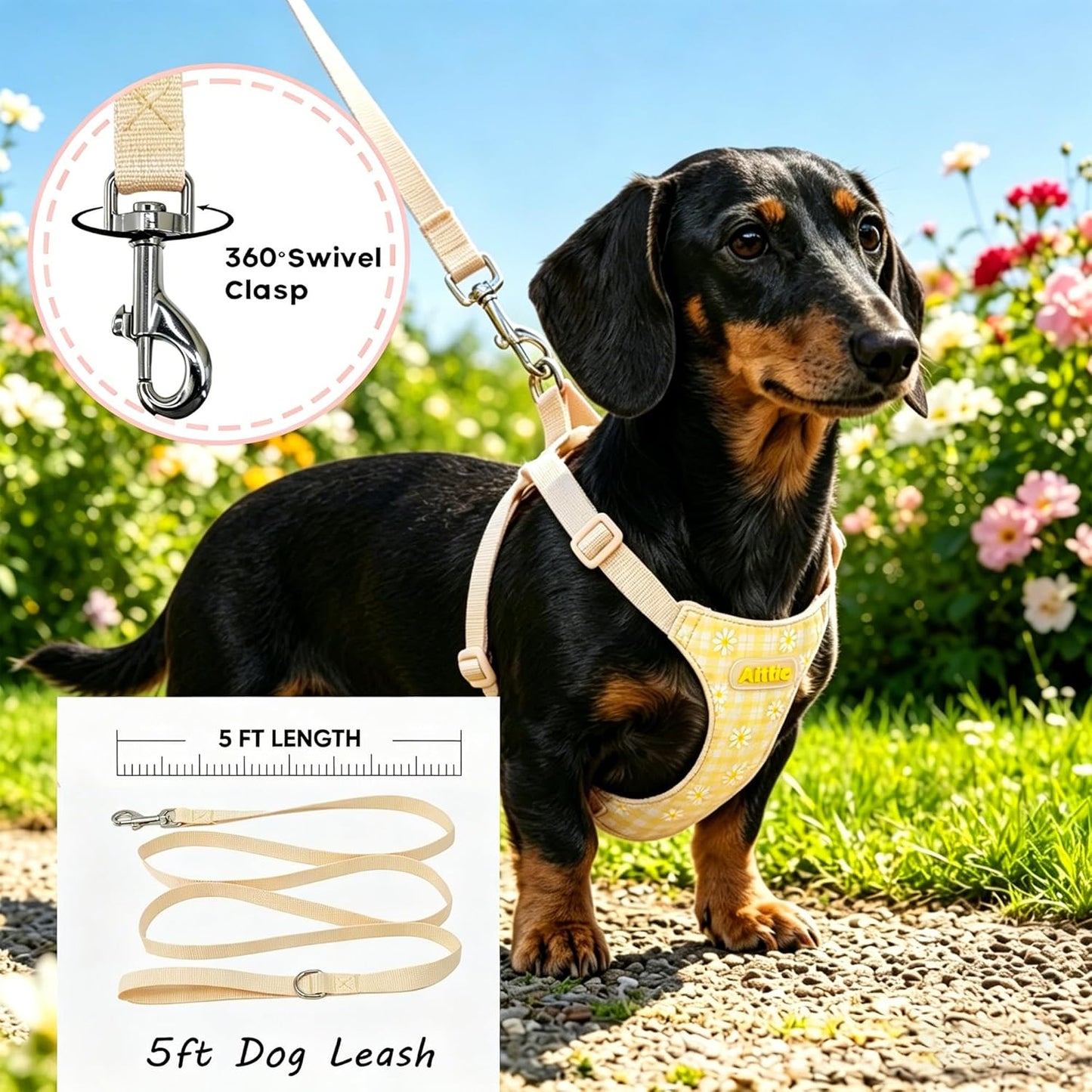 Small Dog Harness and Leash Set No-Pull Adjustable Vest, Yellow XS | Step-in Design, Breathable Soft Daisy Pattern Puppy Harness, Reflective, Leash Included, for Small-Medium Dogs