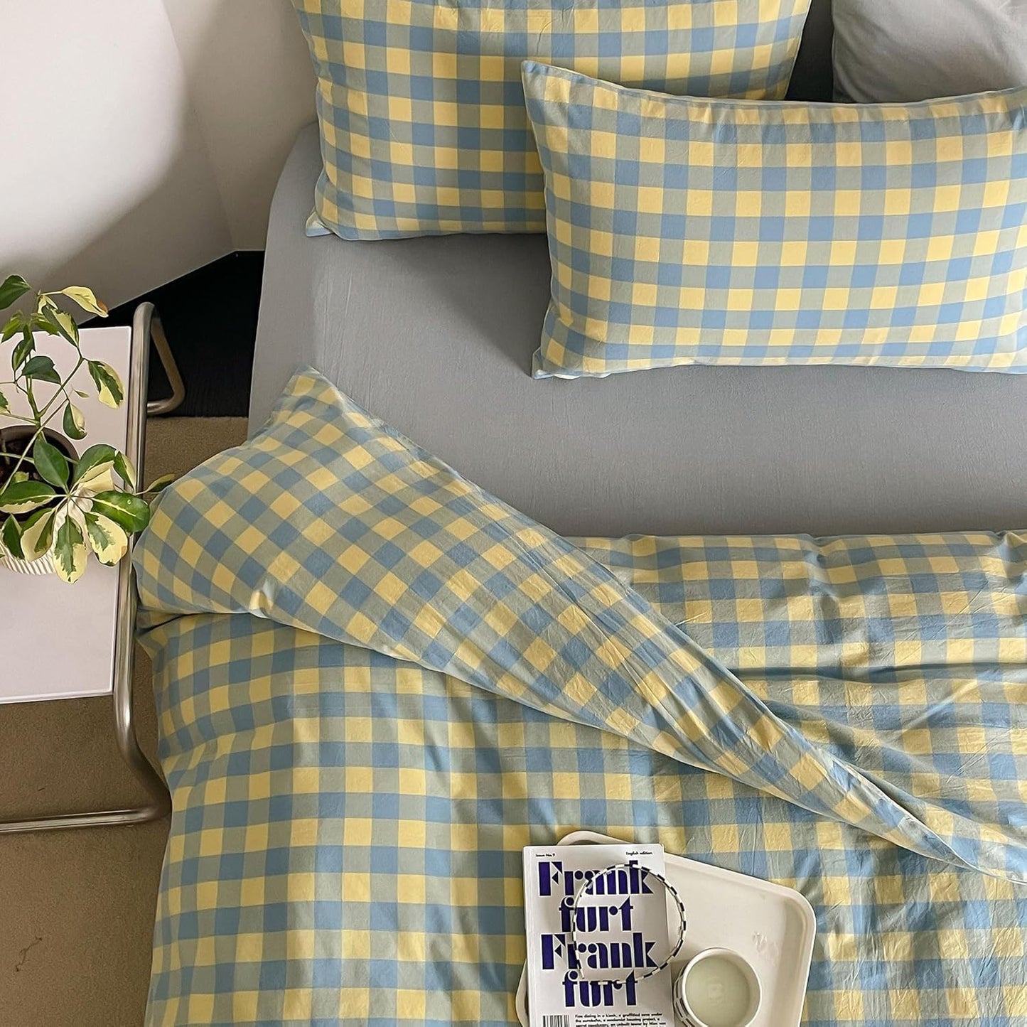 Plaid Duvet Cover Set Twin Yellow - Soft Washed Cotton Modern Geometric Bedding Set with 2 Pillowcases, Blue Green Gingham Grid Twin Duvet Cover for Men & Women, Soft & Lightweight