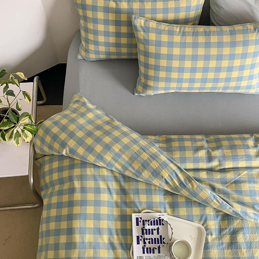 Plaid Duvet Cover Set Twin Yellow - Soft Washed Cotton Modern Geometric Bedding Set with 2 Pillowcases, Blue Green Gingham Grid Twin Duvet Cover for Men & Women, Soft & Lightweight