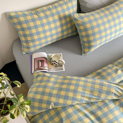 Plaid Duvet Cover Set Twin Yellow - Soft Washed Cotton Modern Geometric Bedding Set with 2 Pillowcases, Blue Green Gingham Grid Twin Duvet Cover for Men & Women, Soft & Lightweight