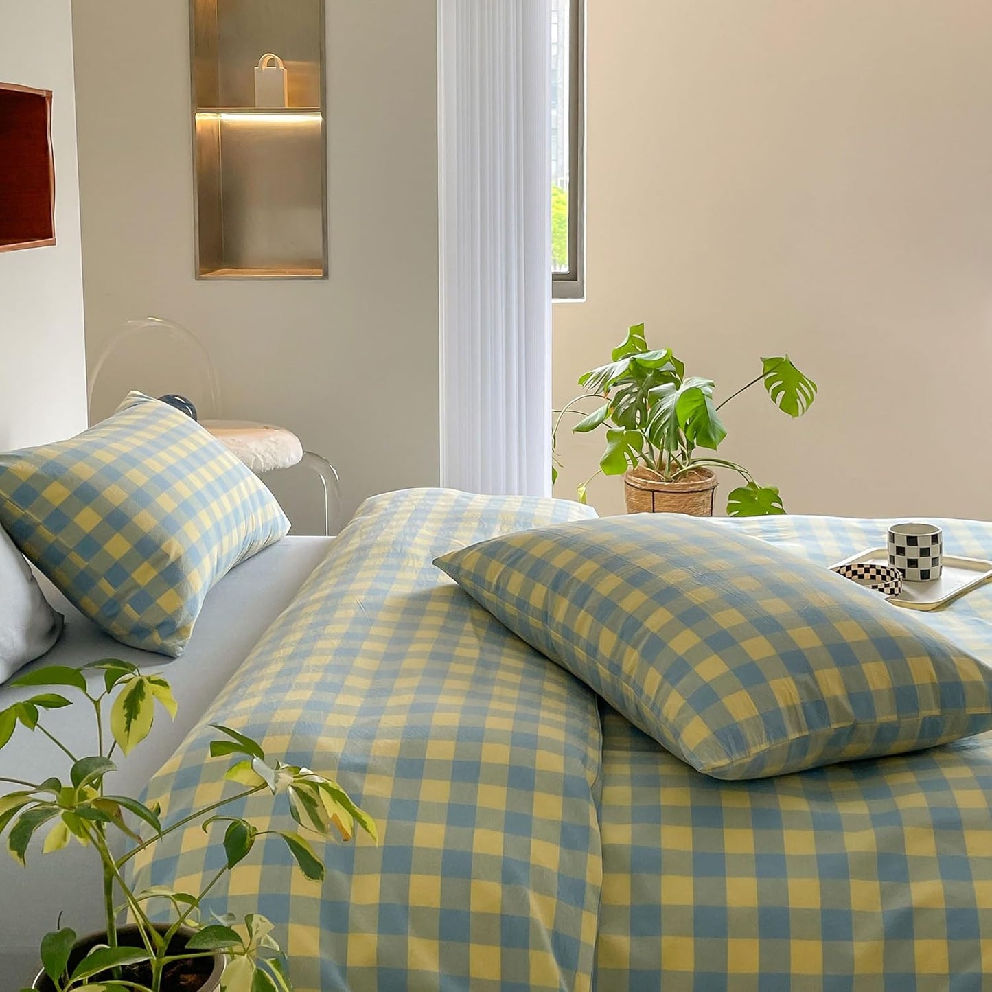 Plaid Duvet Cover Set Twin Yellow - Soft Washed Cotton Modern Geometric Bedding Set with 2 Pillowcases, Blue Green Gingham Grid Twin Duvet Cover for Men & Women, Soft & Lightweight