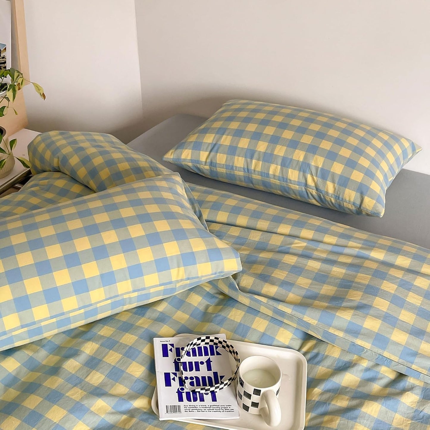 Plaid Duvet Cover Set Twin Yellow - Soft Washed Cotton Modern Geometric Bedding Set with 2 Pillowcases, Blue Green Gingham Grid Twin Duvet Cover for Men & Women, Soft & Lightweight