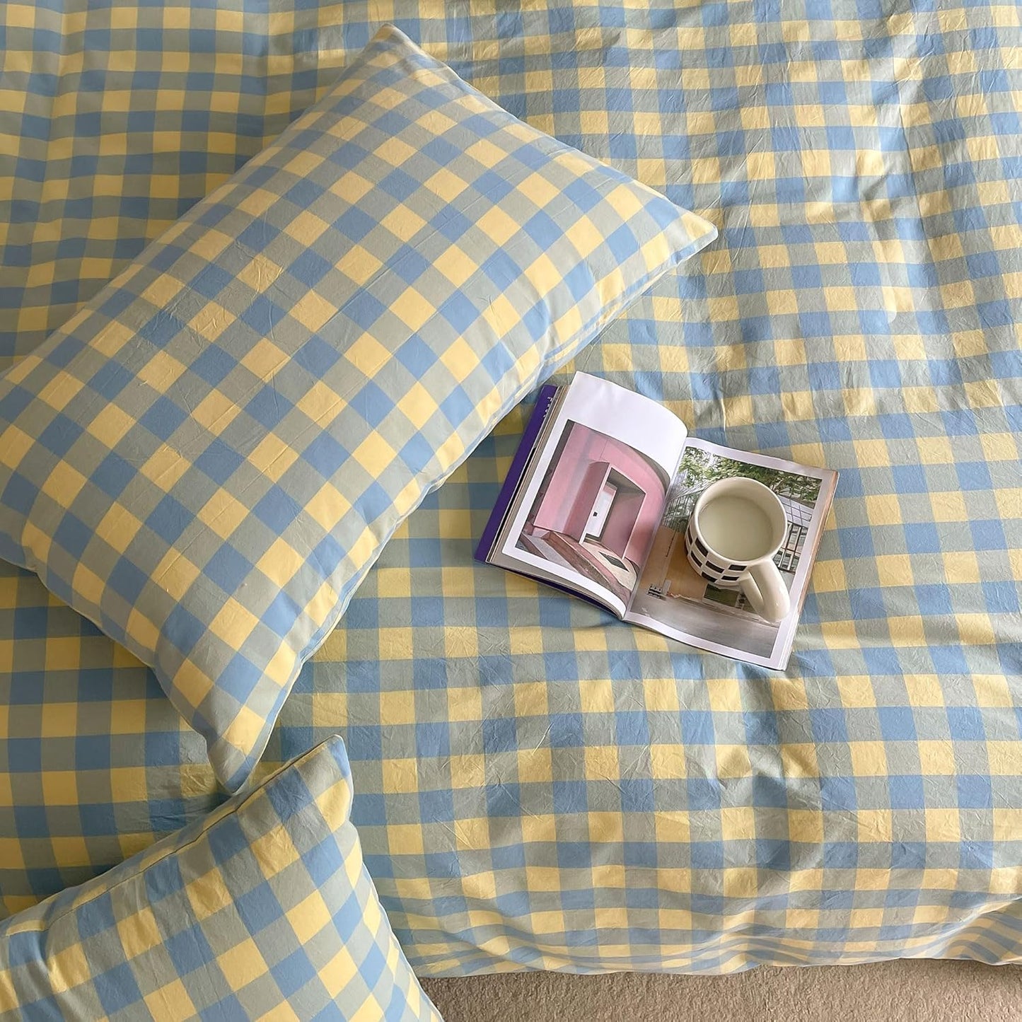 Plaid Duvet Cover Set Twin Yellow - Soft Washed Cotton Modern Geometric Bedding Set with 2 Pillowcases, Blue Green Gingham Grid Twin Duvet Cover for Men & Women, Soft & Lightweight