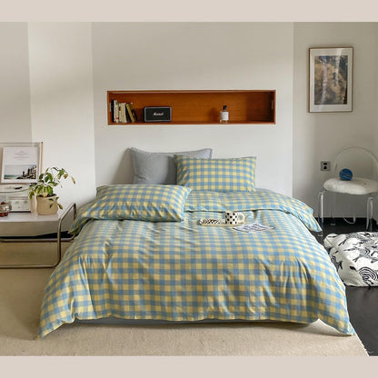 Plaid Duvet Cover Set Twin Yellow - Soft Washed Cotton Modern Geometric Bedding Set with 2 Pillowcases, Blue Green Gingham Grid Twin Duvet Cover for Men & Women, Soft & Lightweight