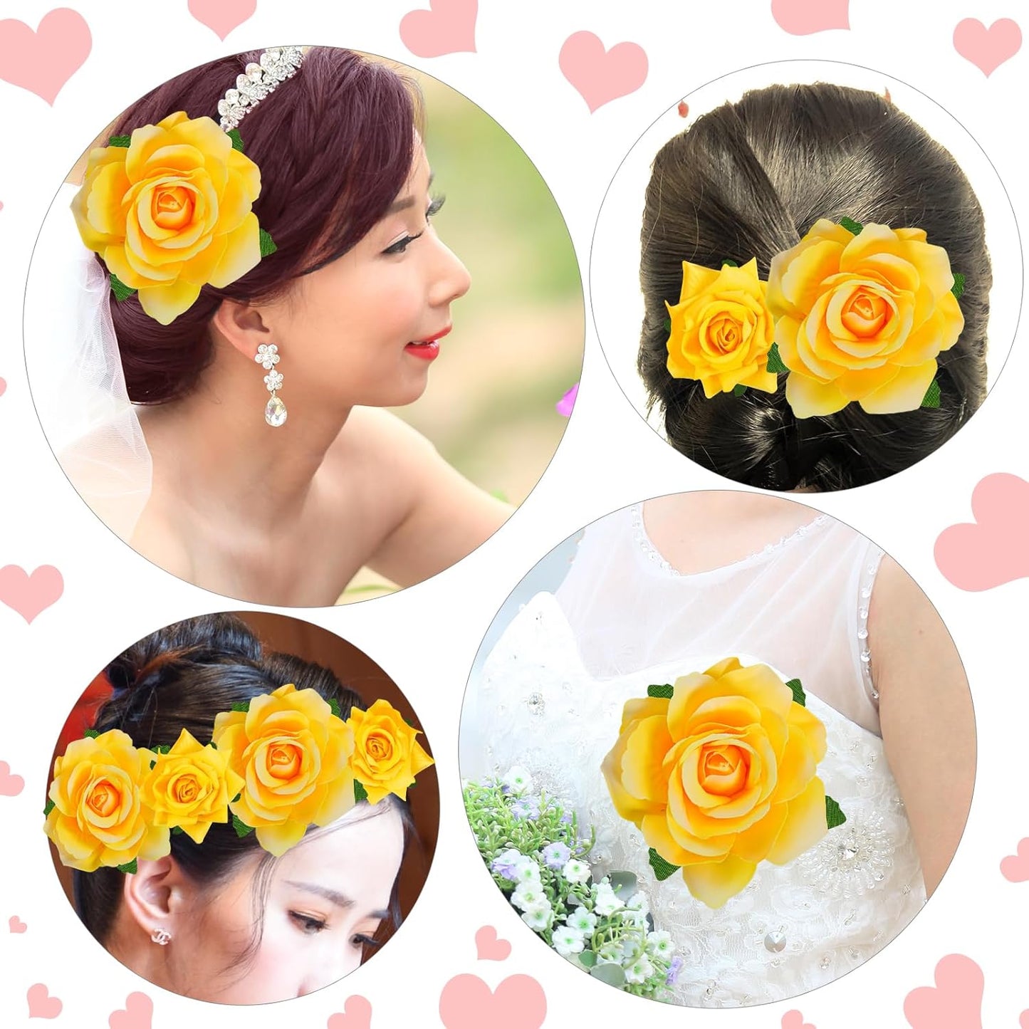 Rose Hair Clip Flower Hairpin Brooch Floral Clips, 4 Pcs Fabric Rose Flowers Hair Clips Mexican Hair Flowers Pin up Headpieces for Woman Girl Wedding Party Mother's Day (2 Sizes) (Yellow)