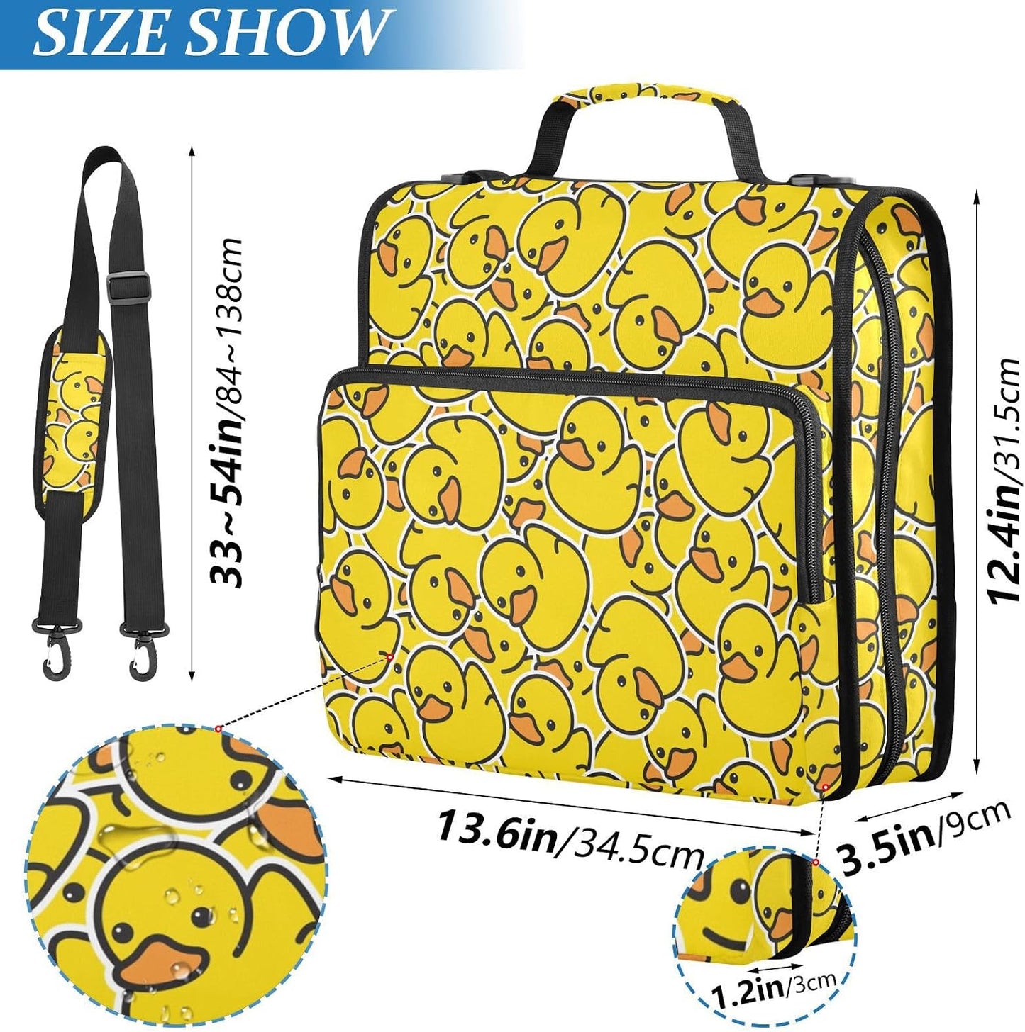 Rubber Ducks Yellow Print Zipper Binder Bag 3 Ring with Shoulder Strap & Handle Multi Pocket Binder Organizer Bag Large Capacity for School Office Supplies