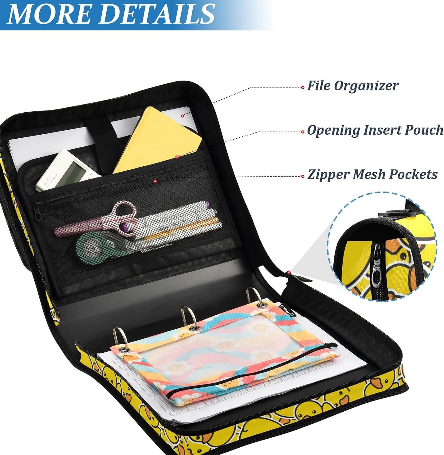 Rubber Ducks Yellow Print Zipper Binder Bag 3 Ring with Shoulder Strap & Handle Multi Pocket Binder Organizer Bag Large Capacity for School Office Supplies