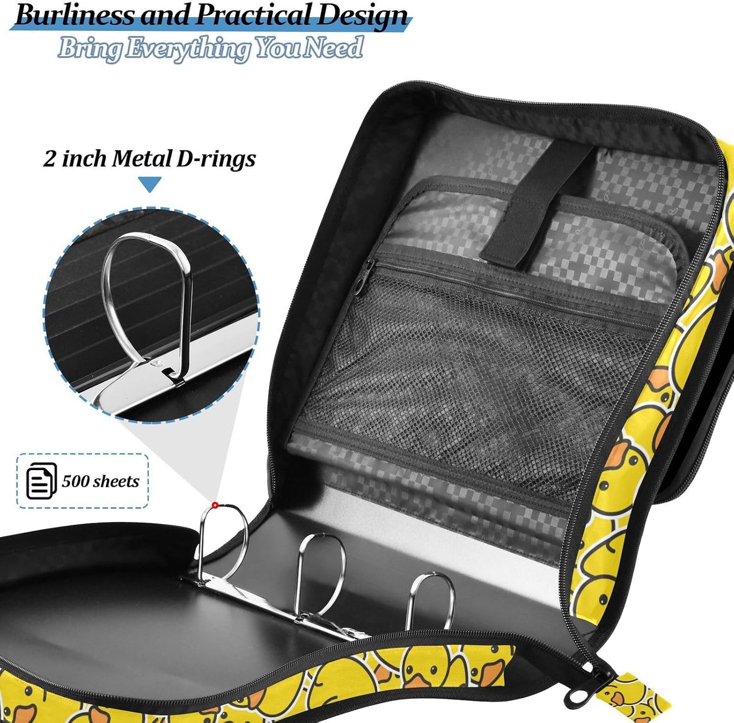 Rubber Ducks Yellow Print Zipper Binder Bag 3 Ring with Shoulder Strap & Handle Multi Pocket Binder Organizer Bag Large Capacity for School Office Supplies