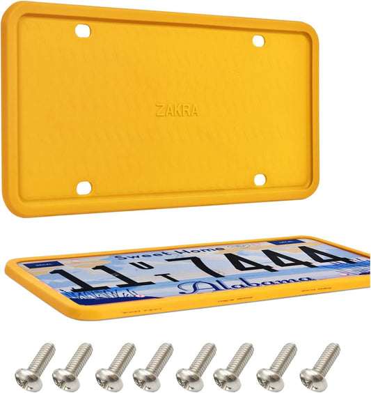 2 Pack Racing Yellow Silicone License Plate Frame, 100% Street Legal & Zero Obstruction, Sporty Aesthetic Car Accessories, High-Visibility Rattle-Free Universal Car Tag Holder for JDM