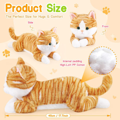 17.8 Inch Cat Plush Stuffed Animal Long Cute Cats Pillow Soft Doll Stuffed Cute Toys Animals Lover Gift Kid Birthday Holiday Party Favor(Yellow Cat)