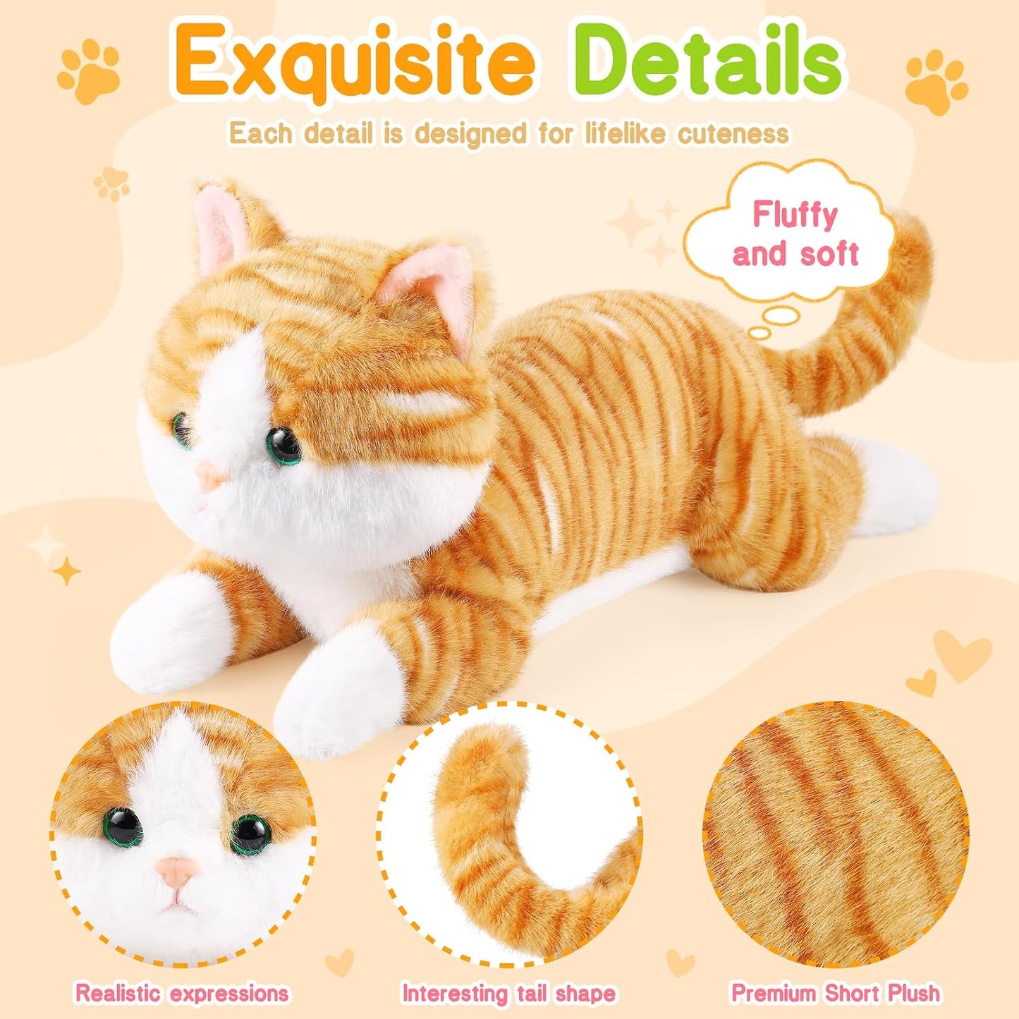 17.8 Inch Cat Plush Stuffed Animal Long Cute Cats Pillow Soft Doll Stuffed Cute Toys Animals Lover Gift Kid Birthday Holiday Party Favor(Yellow Cat)