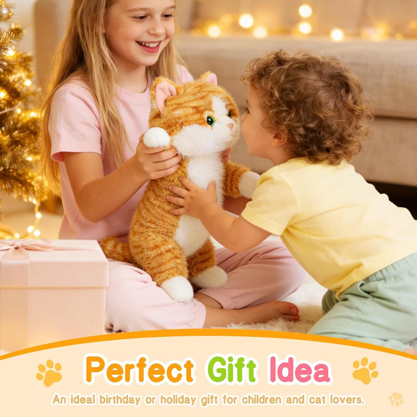 17.8 Inch Cat Plush Stuffed Animal Long Cute Cats Pillow Soft Doll Stuffed Cute Toys Animals Lover Gift Kid Birthday Holiday Party Favor(Yellow Cat)