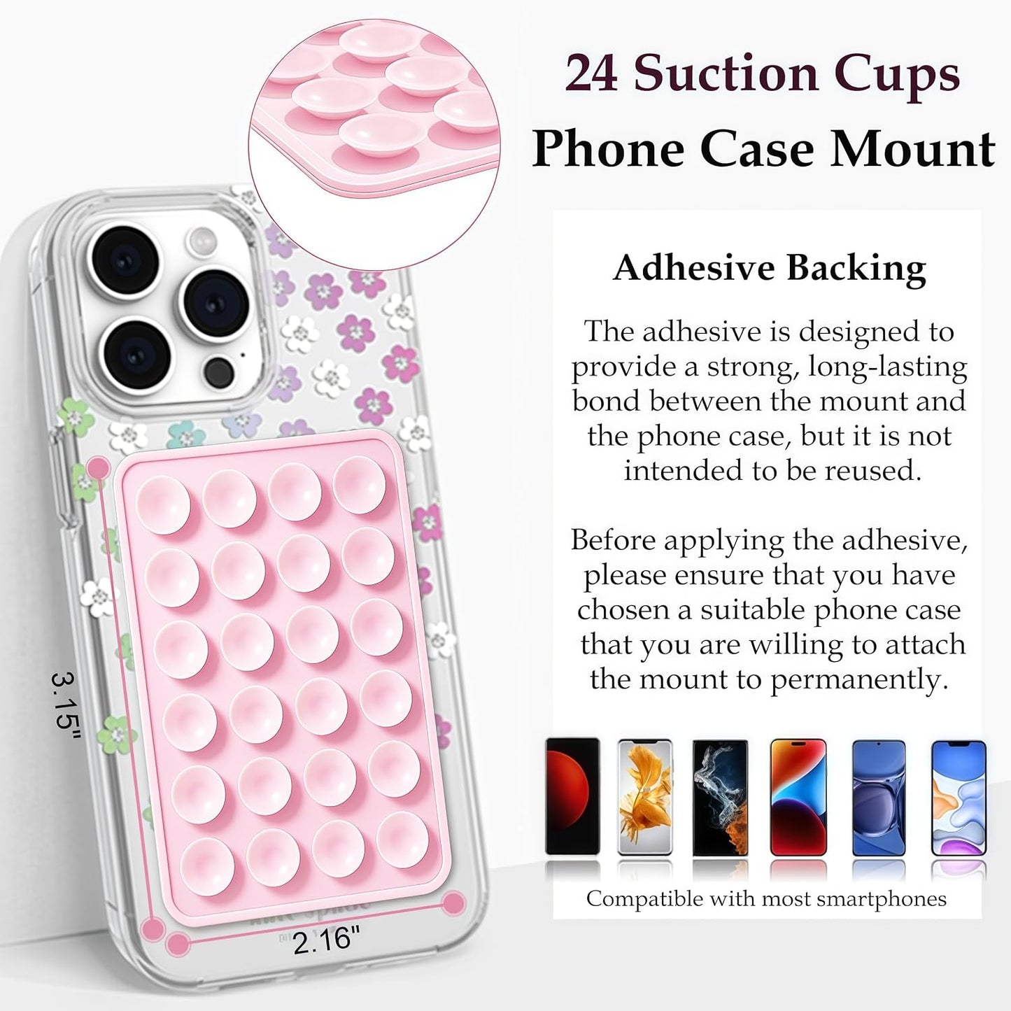 Anteel Silicone Suction Phone Case Mount, Silicon Adhesive Phone Accessory for Smartphones, Hands-Free Mirror Shower Phone Holder for Selfies, Tiktok Videos (Light Pink)