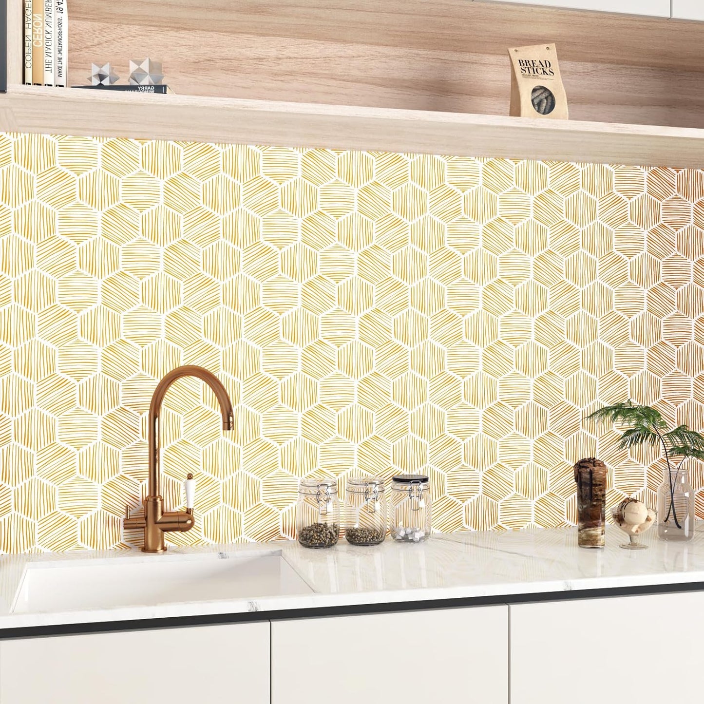 Yellow Geometric Peel and Stick Wallpaper Hexagon Boho Self Adhesive Wallpapers Gold Stripe Contact Paper for Countertops Backdrop Vinyl Roll for Kitchen Bathroom Renter Friendly 17.5"x102"