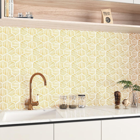 Yellow Geometric Peel and Stick Wallpaper Hexagon Boho Self Adhesive Wallpapers Gold Stripe Contact Paper for Countertops Backdrop Vinyl Roll for Kitchen Bathroom Renter Friendly 17.5"x102"
