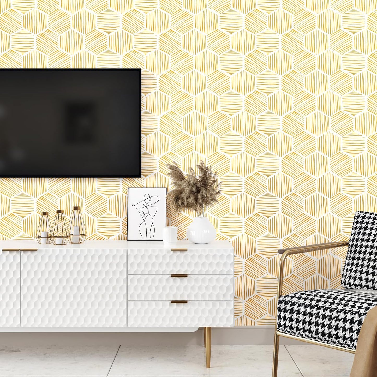 Yellow Geometric Peel and Stick Wallpaper Hexagon Boho Self Adhesive Wallpapers Gold Stripe Contact Paper for Countertops Backdrop Vinyl Roll for Kitchen Bathroom Renter Friendly 17.5"x102"
