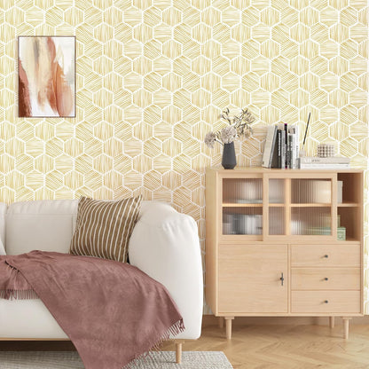 Yellow Geometric Peel and Stick Wallpaper Hexagon Boho Self Adhesive Wallpapers Gold Stripe Contact Paper for Countertops Backdrop Vinyl Roll for Kitchen Bathroom Renter Friendly 17.5"x102"