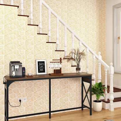Yellow Geometric Peel and Stick Wallpaper Hexagon Boho Self Adhesive Wallpapers Gold Stripe Contact Paper for Countertops Backdrop Vinyl Roll for Kitchen Bathroom Renter Friendly 17.5"x102"