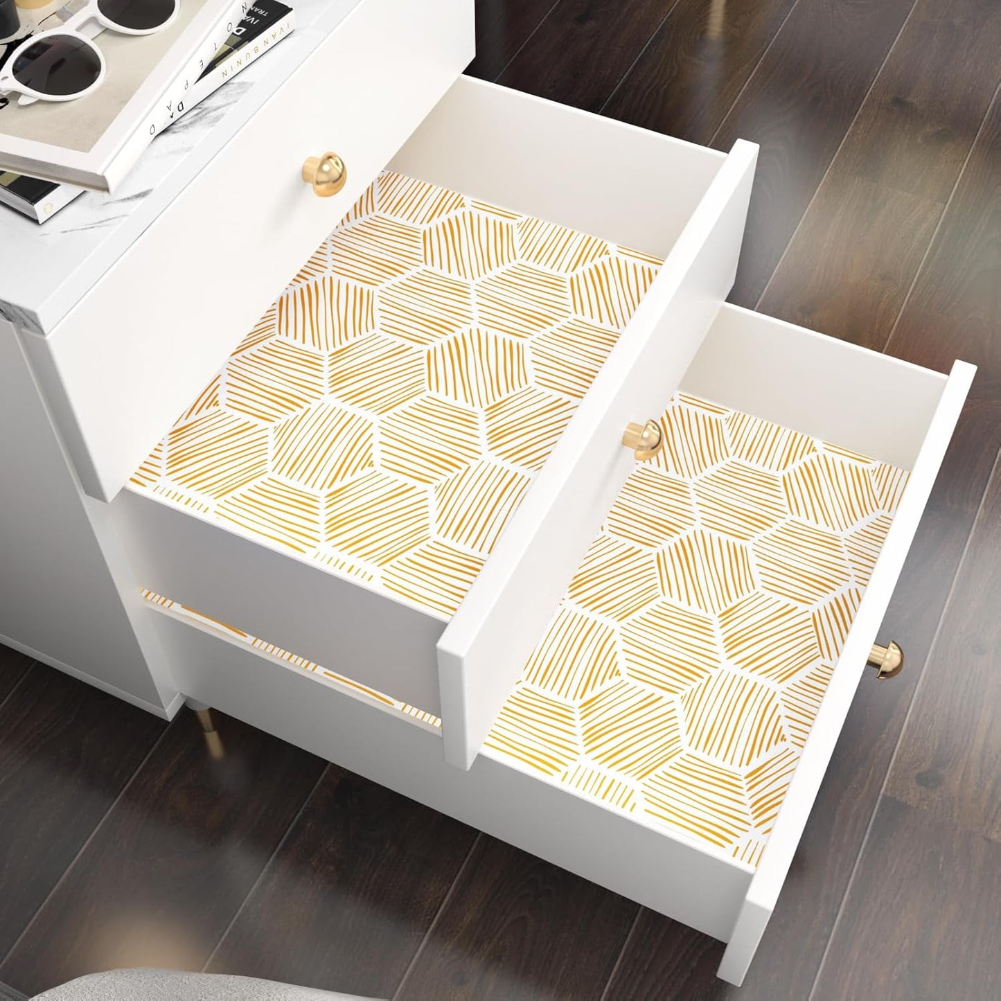 Yellow Geometric Peel and Stick Wallpaper Hexagon Boho Self Adhesive Wallpapers Gold Stripe Contact Paper for Countertops Backdrop Vinyl Roll for Kitchen Bathroom Renter Friendly 17.5"x102"