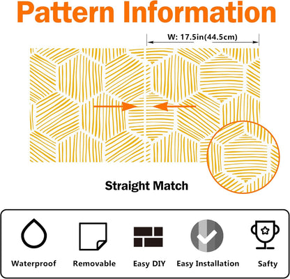 Yellow Geometric Peel and Stick Wallpaper Hexagon Boho Self Adhesive Wallpapers Gold Stripe Contact Paper for Countertops Backdrop Vinyl Roll for Kitchen Bathroom Renter Friendly 17.5"x102"