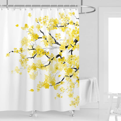Yellow Cherry Blossom Shower Curtain 60''W x 72''L Spring Floral Flowers Sakura Blooming Plum Japanese Asian Anime Cute Art White Style Polyester Fabric Waterproof 12 Pack Plastic Hooks