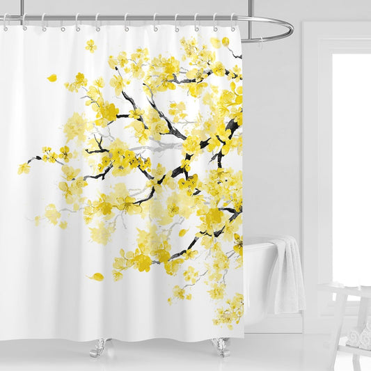 Yellow Cherry Blossom Shower Curtain 60''W x 72''L Spring Floral Flowers Sakura Blooming Plum Japanese Asian Anime Cute Art White Style Polyester Fabric Waterproof 12 Pack Plastic Hooks