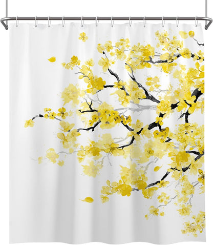 Yellow Cherry Blossom Shower Curtain 60''W x 72''L Spring Floral Flowers Sakura Blooming Plum Japanese Asian Anime Cute Art White Style Polyester Fabric Waterproof 12 Pack Plastic Hooks
