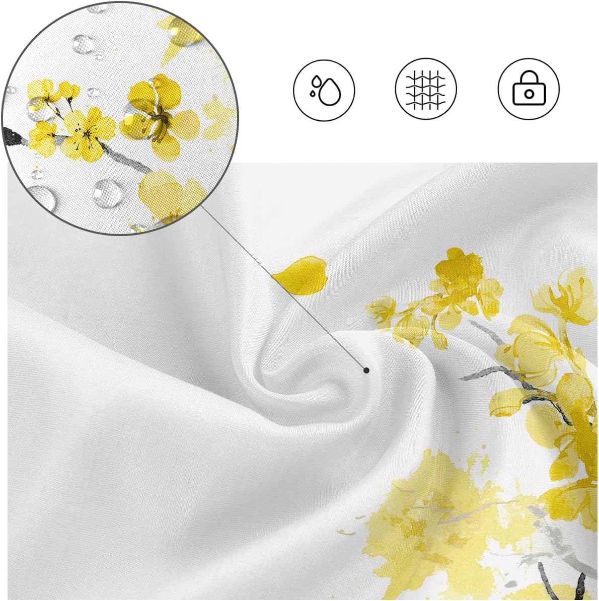 Yellow Cherry Blossom Shower Curtain 60''W x 72''L Spring Floral Flowers Sakura Blooming Plum Japanese Asian Anime Cute Art White Style Polyester Fabric Waterproof 12 Pack Plastic Hooks