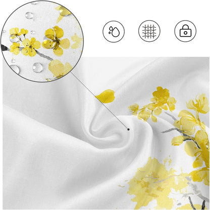 Yellow Cherry Blossom Shower Curtain 60''W x 72''L Spring Floral Flowers Sakura Blooming Plum Japanese Asian Anime Cute Art White Style Polyester Fabric Waterproof 12 Pack Plastic Hooks