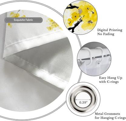 Yellow Cherry Blossom Shower Curtain 60''W x 72''L Spring Floral Flowers Sakura Blooming Plum Japanese Asian Anime Cute Art White Style Polyester Fabric Waterproof 12 Pack Plastic Hooks