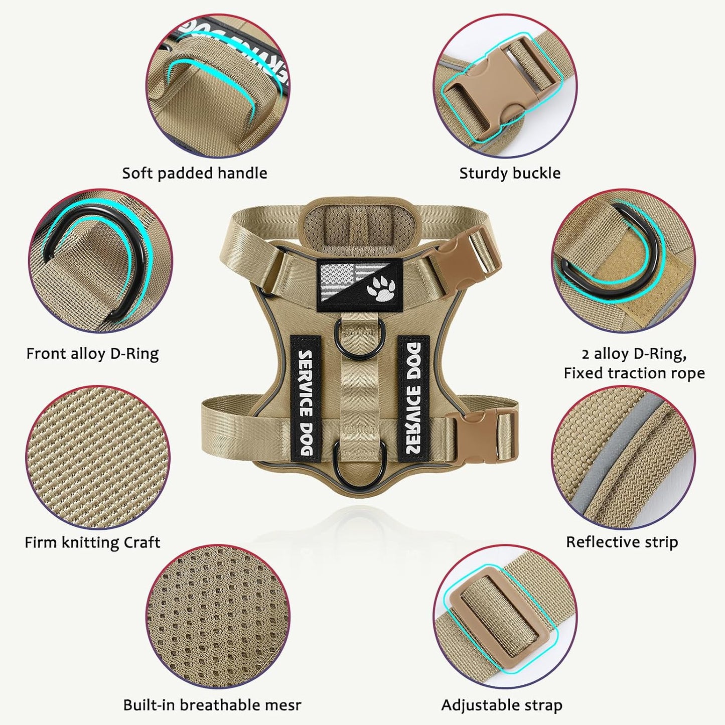 Service Dog Harness, Reflective Dog Vest Harness with 5 PCS Patches, Adjustable Soft Oxford Pet Harness, Inner Layer Mesh, Easy to Control for Small Medium Large Dogs
