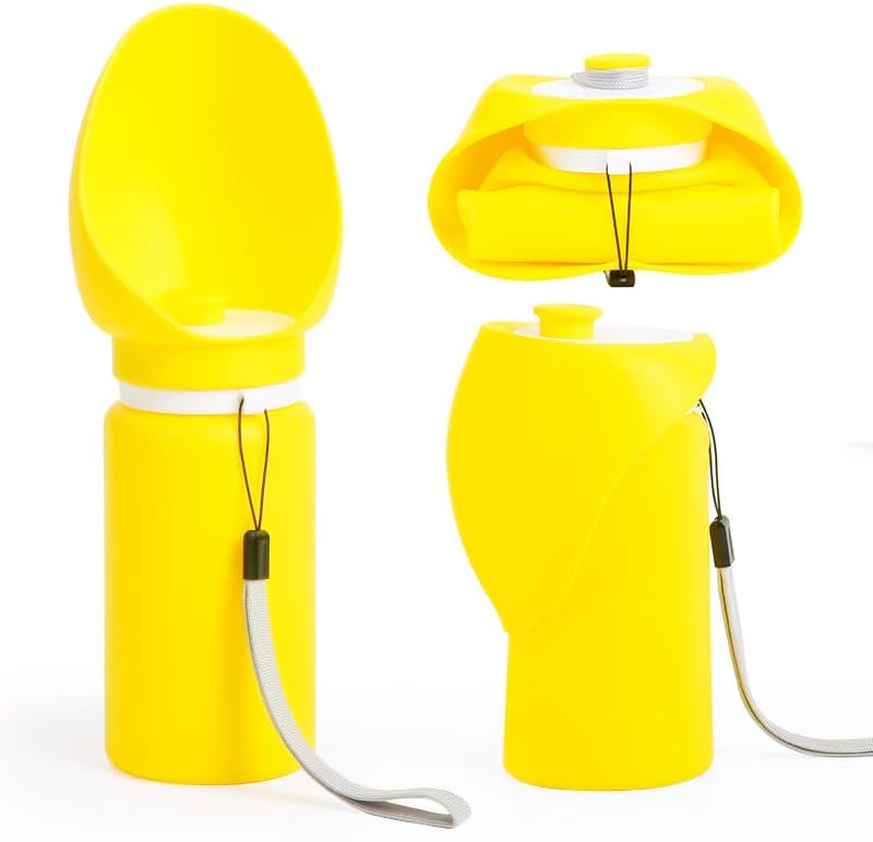 Collapsible Dog Water Bottle, 19oz Portable Pet Travel Water Cup with Built‑in Bowl, Leak Proof Food Grade Silicone, One Hand Operated Outdoor Dispenser for Walking Hiking Camping (Vibrant Yellow)