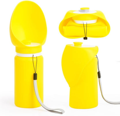 Collapsible Dog Water Bottle, 19oz Portable Pet Travel Water Cup with Built‑in Bowl, Leak Proof Food Grade Silicone, One Hand Operated Outdoor Dispenser for Walking Hiking Camping (Vibrant Yellow)
