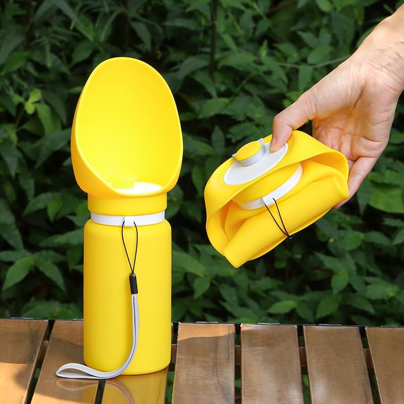 Collapsible Dog Water Bottle, 19oz Portable Pet Travel Water Cup with Built‑in Bowl, Leak Proof Food Grade Silicone, One Hand Operated Outdoor Dispenser for Walking Hiking Camping (Vibrant Yellow)