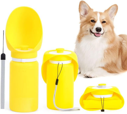 Collapsible Dog Water Bottle, 19oz Portable Pet Travel Water Cup with Built‑in Bowl, Leak Proof Food Grade Silicone, One Hand Operated Outdoor Dispenser for Walking Hiking Camping (Vibrant Yellow)