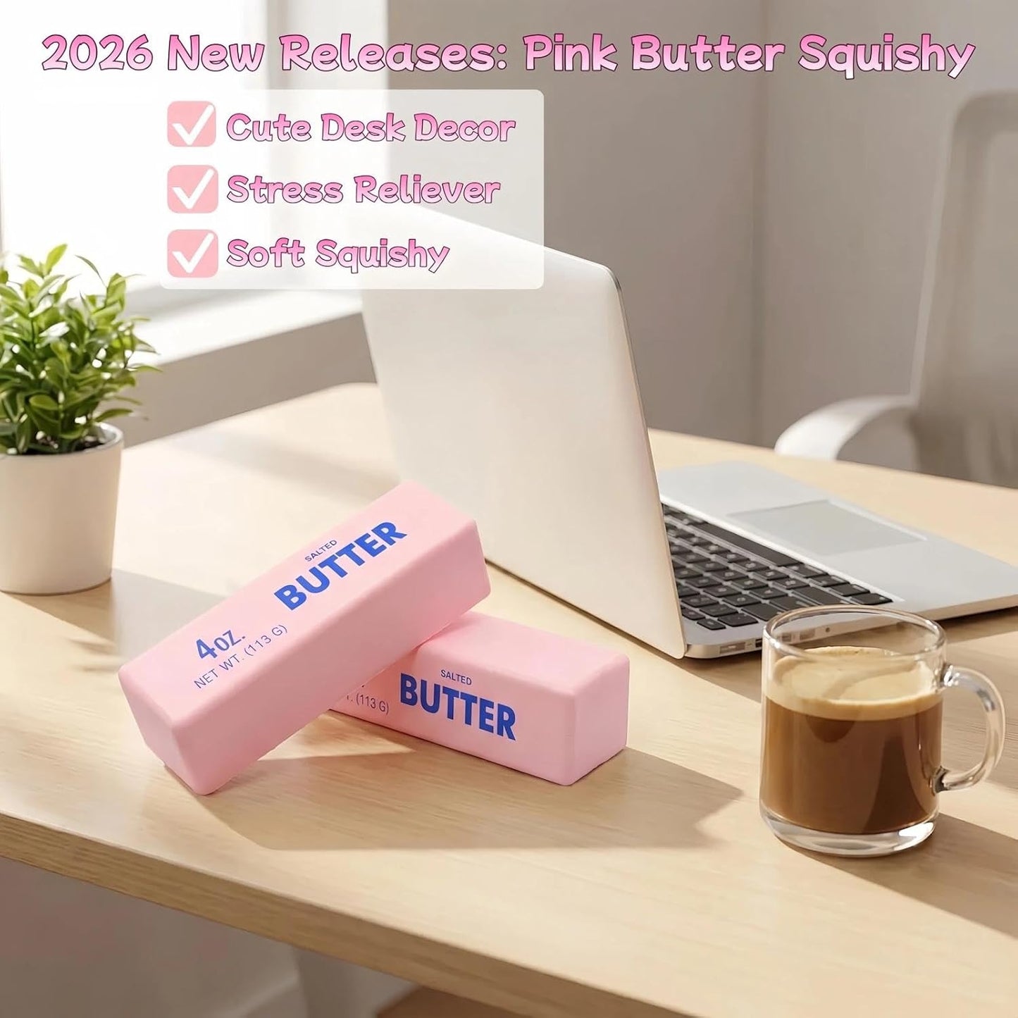 2 Pack Pink & Yellow Butter Squishy Slow Rebound Butter Squeeze Stress Ball | Realistic Soft Butter Stick Fidget Toy Slow Rising Squishy for Adults Anxiety & Stress Relief Sensory Gifts