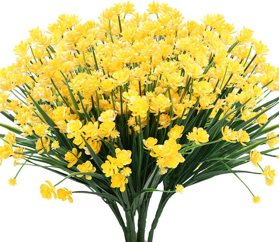 6PCS Artificial Flowers,Fake Greenery Faux Plastic Bushes Fake Shrubs UV Resistant No Fade Faux Plastic Plants for Wedding Hanging Bouquet Indoor Outdoor Home Garden Office Table Vase(Yellow)