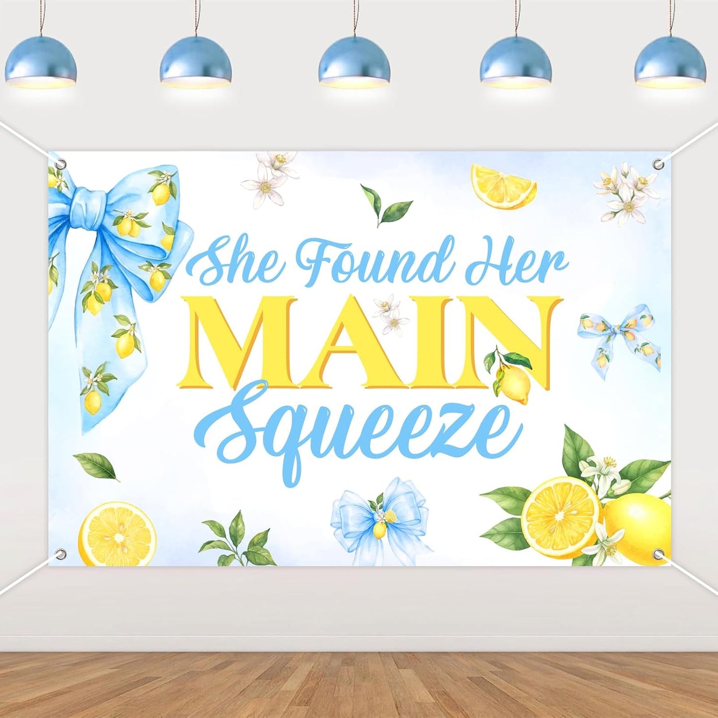 Blue Bow Lemon Bridal Shower Backdrop for Bride She Found Her Main Squeeze Party Decoration Vinyl Photo Booth Banner with Grommets and 19.7ft White Ribbon for Bachelorette Event Decor
